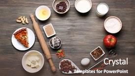  Presentation with flat - Theme with corolla - cake ingredients on wooden table background and a tawny brown colored foreground