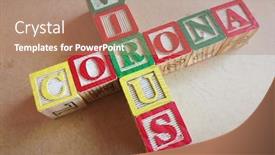  Presentation with corona virus - Audience pleasing PPT layouts consisting of corona-virus-in-wooden-block backdrop and a coral colored foreground