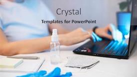  Presentation with spray - Amazing slide deck having coronavirus-concept-woman-in-quarantine backdrop and a light blue colored foreground