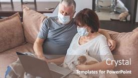  Presentation with medical laptop - PPT theme consisting of coronavirus-covid-19-couple-old background and a coral colored foreground