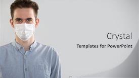  Presentation with slogan - Cool new theme with coronavirus-pandemic-serious-caucasian-young backdrop and a light gray colored foreground
