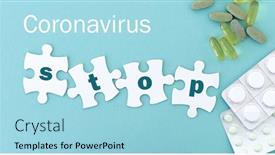  Presentation with coronavirus pills - Audience pleasing slide deck consisting of coronavirus-stop-puzzle-pieces backdrop and a light blue colored foreground