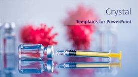  Presentation with vaccine - PPT theme having coronavirus-vaccine-bottle-and-syringe background and a sky blue colored foreground