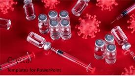  Presentation with vaccine - Slides featuring coronavirus-vaccine-bottle-and-syringe background and a crimson colored foreground