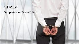  Presentation with cuffed - Colorful presentation enhanced with corporal punishment - rear view of guilty businessman backdrop and a white colored foreground