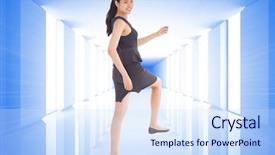  Presentation with stepping - Slide deck featuring corporat - businesswoman stepping up against bright background and a  colored foreground