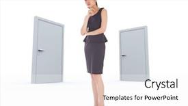  Presentation with closed - Beautiful theme featuring corporat - thoughtful businesswoman against closed doors backdrop and a  colored foreground