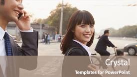  Presentation with double exposure of business people - PPT layouts having corporate 2 18 - two young business people outside background and a coral colored foreground