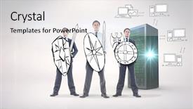  Presentation with cyber army - Presentation design enhanced with corporate army against grey background background and a sky blue colored foreground