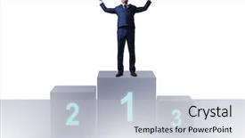  Presentation with competition - Cool new PPT theme with corporate awards ceremony - businessman taking first place backdrop and a light gray colored foreground