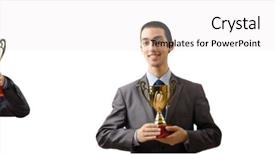  Presentation with award ceremony - Audience pleasing presentation design consisting of corporate awards ceremony - collage of businessman receiving award backdrop and a light gray colored foreground