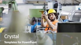  Presentation with metal - Slide deck featuring corporate blue - young manual worker examining metal background and a gray colored foreground