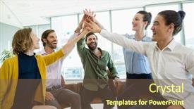  Presentation with executive business negotiation skills - Beautiful PPT layouts featuring corporate bonds - business executives giving high five backdrop and a  colored foreground