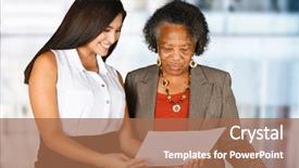  Presentation with elderly person - Amazing PPT theme having corporate bonds - businesswoman who is helping backdrop and a coral colored foreground