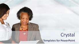  Presentation with elderly person - PPT theme with corporate bonds - businesswoman who is helping background and a sky blue colored foreground