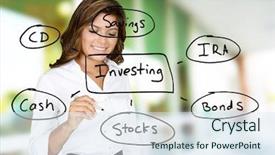  Presentation with investments - PPT theme having corporate bonds - woman planning out her future background and a sky blue colored foreground