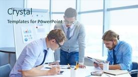  Presentation with small group working - Cool new PPT theme with corporate business - group of serious businessmen working backdrop and a sky blue colored foreground
