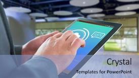  Presentation with download - Presentation theme having corporate campus - businessman touching tablet screen background and a light blue colored foreground