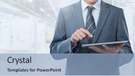  Presentation with hands holding black tablet - Cool new slide set with corporate campus - digital composite of businessman holding backdrop and a light blue colored foreground