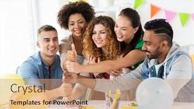  Presentation with corporate celebration - Cool new PPT layouts with corporate celebration and holidays concept - happy team with confetti having fun at office birthday party and showing thumbs up backdrop and a coral colored foreground