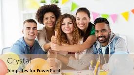  Presentation with corporate celebration - Beautiful PPT theme featuring corporate celebration and holidays concept - happy team with confetti having fun at office birthday party and showing thumbs up backdrop and a coral colored foreground