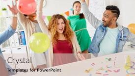  Presentation with corporate celebration - Slide deck enhanced with corporate celebration and holidays concept - happy team with confetti and serpentine having fun at office party background and a lemonade colored foreground