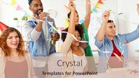  Presentation with corporate celebration - Amazing PPT theme having corporate celebration and holidays concept - happy team with confetti and serpentine having fun at office party backdrop and a soft green colored foreground