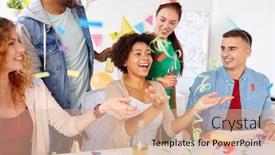  Presentation with corporate celebration - Slide deck having corporate celebration and holidays concept - happy team with confetti and serpentine having fun at office party background and a coral colored foreground