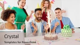  Presentation with corporate celebration - Audience pleasing slide deck consisting of corporate celebration and people concept backdrop and a mint green colored foreground