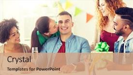  Presentation with corporate celebration - Cool new PPT layouts with corporate celebration and people concept backdrop and a coral colored foreground