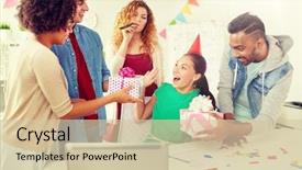  Presentation with corporate celebration - Beautiful PPT layouts featuring corporate celebration and people concept backdrop and a soft green colored foreground