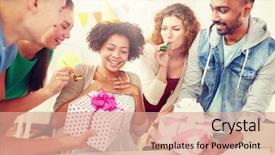  Presentation with corporate celebration - Slide deck featuring corporate celebration and people concept background and a coral colored foreground