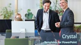  Presentation with people - Theme with party employee - two happy business people laughing background and a ocean colored foreground