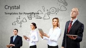  Presentation with collage - PPT theme enhanced with corporate communications - image of young businesspeople team background and a light gray colored foreground