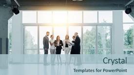  Presentation with team work - Beautiful slide deck featuring corporate concept - business team backdrop and a light blue colored foreground