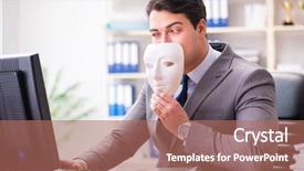  Presentation with hypocrisy - Theme enhanced with corporate criminal - businessman with mask in office background and a coral colored foreground