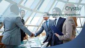  Presentation with businessmen overcome financial crisis - PPT theme enhanced with corporate culture - two businessmen handshaking after striking background and a sky blue colored foreground