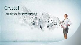  Presentation with drums - PPT layouts enhanced with corporate culture - young businesswoman playing drums background and a sky blue colored foreground