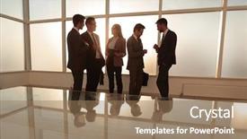  Presentation with board meeting room chairs - Slide set featuring corporate design events - businessmen near a window background and a coral colored foreground