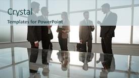  Presentation with board meeting room chairs - Cool new slide deck with corporate design events - businessmen near a window backdrop and a lemonade colored foreground