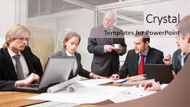  Presentation with design team - PPT theme featuring corporate design team meeting to discuss architectural blueprints background and a lemonade colored foreground