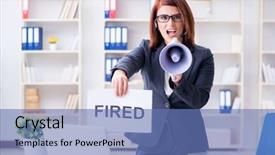  Presentation with fire alarm office - Beautiful PPT layouts featuring corporate downsizing - businesswoman firing people in office backdrop and a  colored foreground