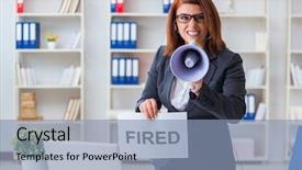  Presentation with fire alarm office - Slide deck consisting of corporate downsizing - businesswoman firing people in office background and a  colored foreground