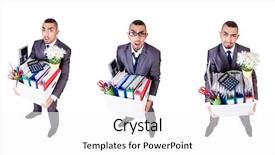  Presentation with personal - Colorful PPT theme enhanced with corporate downsizing - man being fired with box backdrop and a white colored foreground