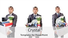  Presentation with personal - Colorful presentation theme enhanced with corporate downsizing - man being fired with box backdrop and a white colored foreground