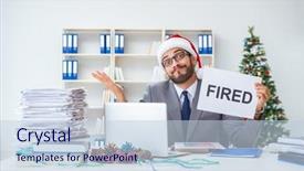  Presentation with celebrate office success - Slide deck consisting of corporate downsizing - young businessman celebrating christmas background and a  colored foreground