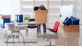  Presentation with employee - PPT layouts enhanced with corporate downsizing - young man employee with boxes background and a light gray colored foreground