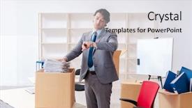  Presentation with boxes - Colorful slide set enhanced with corporate downsizing - young man employee with boxes backdrop and a white colored foreground