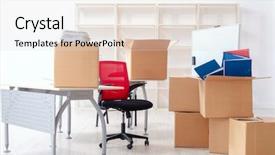  Presentation with boxes - Beautiful PPT theme featuring corporate downsizing - young man employee with boxes backdrop and a lemonade colored foreground