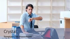  Presentation with boxes - Slide set with corporate downsizing - young man employee with boxes background and a teal colored foreground